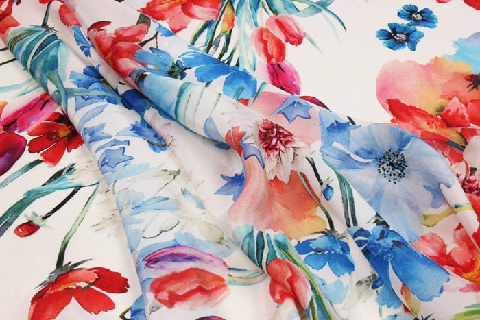QINGXIN - 12 momme Floral Print Silk Crepe de Chine Fabric - 138cm wide by the Yard
