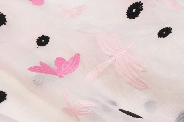 QINGTING - Dragonflies Butterflies Embroidered Silk Organza Fabric - 140cm wide by the Yard
