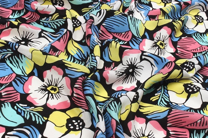 FENGFANG - 12 momme Floral Print Silk Crepe de Chine Fabric - 140cm wide by the Yard