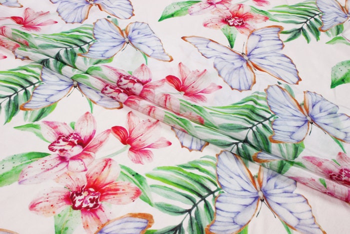 HUDIE - 12 momme Floral Print Silk Crepe de Chine Fabric - 138cm wide by the Yard