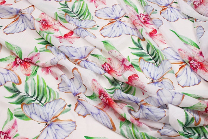 HUDIE - 12 momme Floral Print Silk Crepe de Chine Fabric - 138cm wide by the Yard