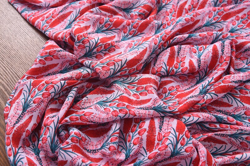 HUAN - 12 Momme Flower Print Silk Crepe de Chine Fabric 140cm wide by the Yard
