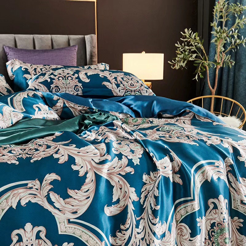 Phoenix Dance Blue - 16 Momme 100% Silk Bedding 4pcs Suite