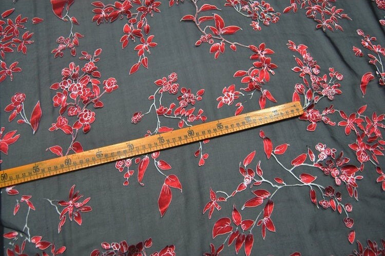 HEIDIHZ - Red Floral Sheer Burnout Silk Devore Satin Fabric - 138cm wide by the Yard