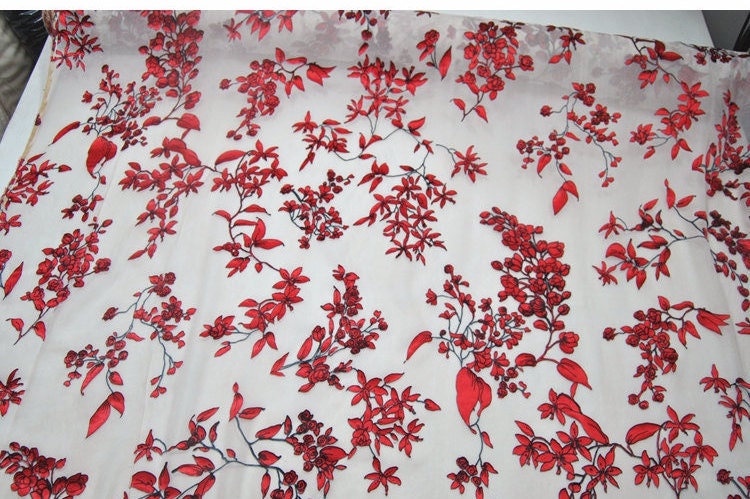 HEIDIHZ - Red Floral Sheer Burnout Silk Devore Satin Fabric - 138cm wide by the Yard