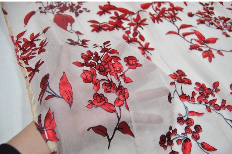 HEIDIHZ - Red Floral Sheer Burnout Silk Devore Satin Fabric - 138cm wide by the Yard