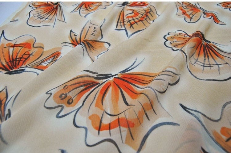 CHENDIE - 16 Momme Butterfly Print Crinkled Silk Georgette Fabric - 114cm wide by the Yard
