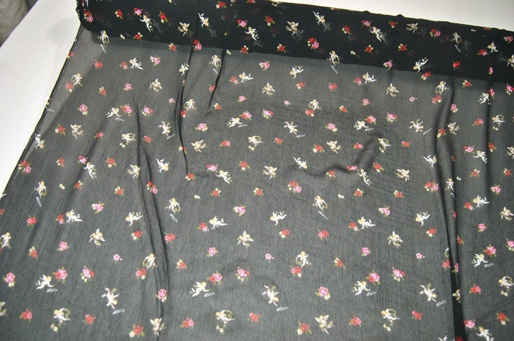CUPID - 10 Momme digital floral print on black crinkled silk Georgette fabric 140cm by the Yard