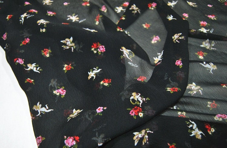 CUPID - 10 Momme digital floral print on black crinkled silk Georgette fabric 140cm by the Yard