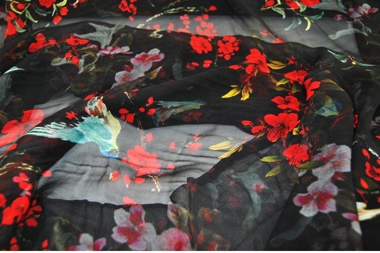HONGHUA - 8 Momme Red Flowers Black Silk Georgette Fabric - 135cm by the Yard