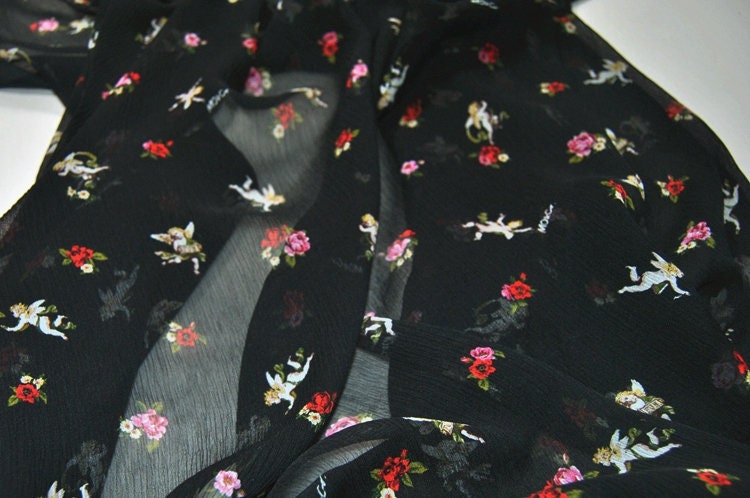 CUPID - 10 Momme digital floral print on black crinkled silk Georgette fabric 140cm by the Yard