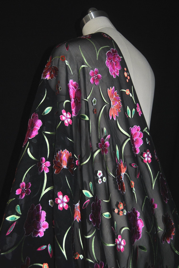 LIANMEI - 10 Momme Pink Floral Sheer Burnout Silk Devore Satin Fabric - 138cm wide by the Yard