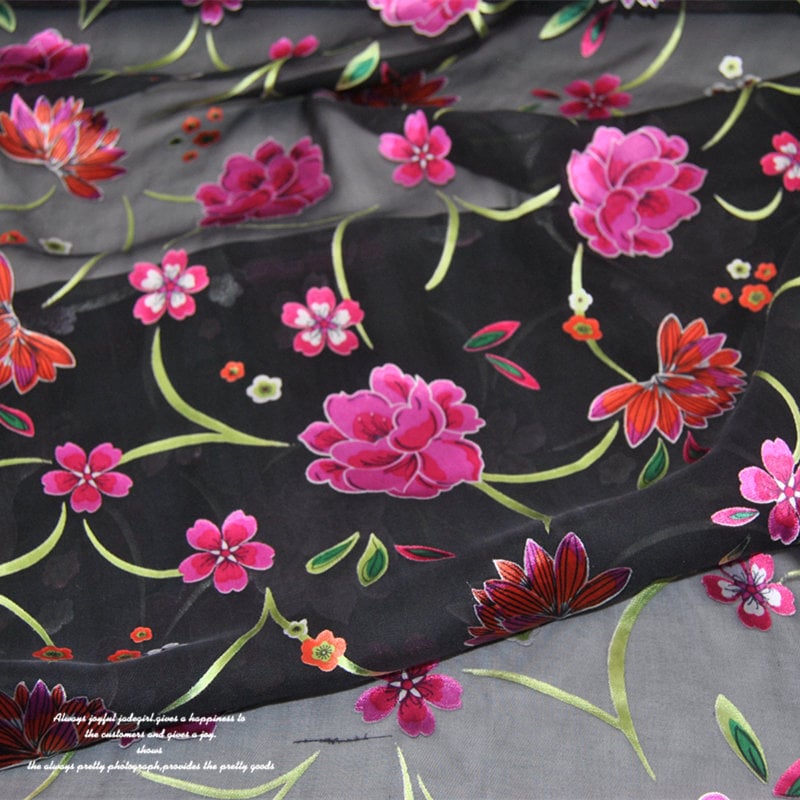 LIANMEI - 10 Momme Pink Floral Sheer Burnout Silk Devore Satin Fabric - 138cm wide by the Yard