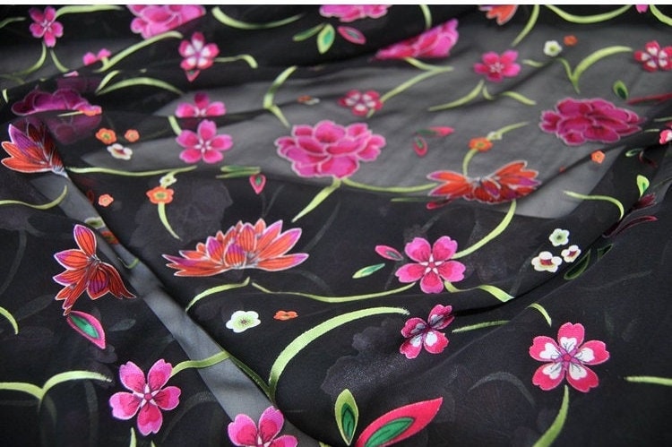 LIANMEI - 10 Momme Pink Floral Sheer Burnout Silk Devore Satin Fabric - 138cm wide by the Yard