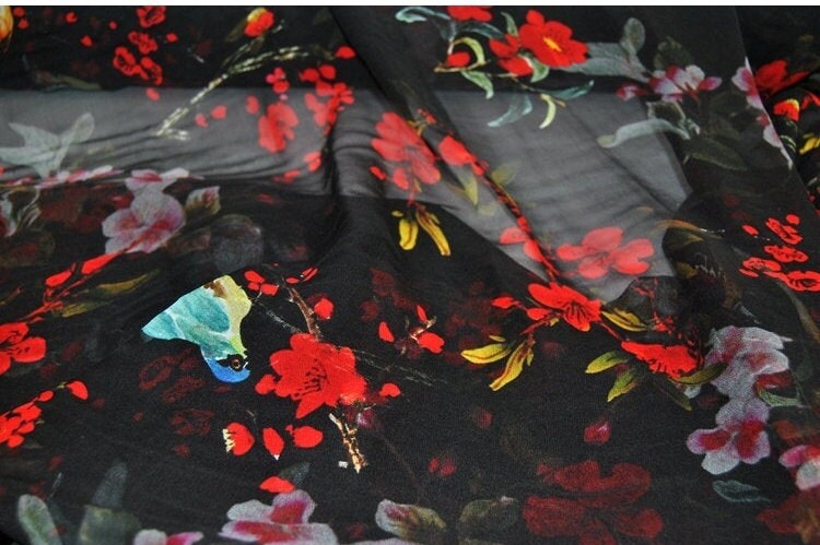 HONGHUA - 8 Momme Red Flowers Black Silk Georgette Fabric - 135cm by the Yard