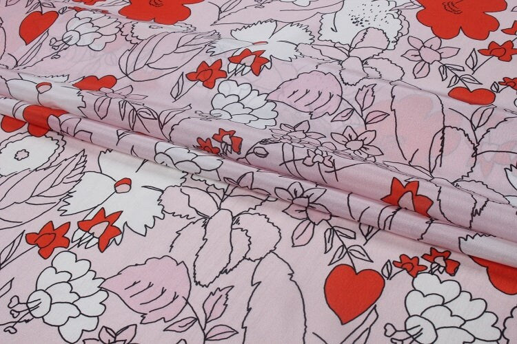 NEGNFU - 12 momme Heart Floral Print Silk Crepe de Chine Fabric - 138cm wide by the Yard