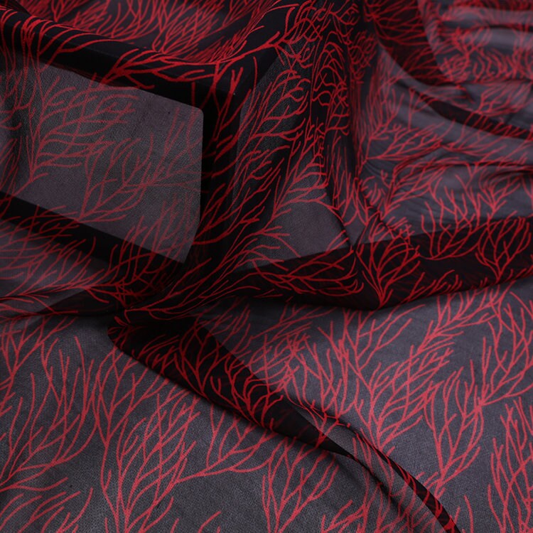 HONGSHANHU - 8 Momme Red Coral Printed Black Silk Georgette Fabric - 138cm wide by the Yard