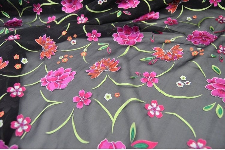 LIANMEI - 10 Momme Pink Floral Sheer Burnout Silk Devore Satin Fabric - 138cm wide by the Yard