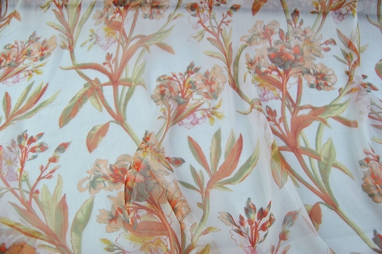 JUSE - 5 Momme Orange Flowers Crinkle Silk Georgette Fabric 135cm by the Yard