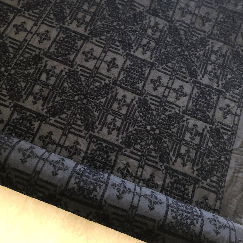 HEISHIZI - Vintage Cross-Stitched Embroidered Silk Cotton Fabric - 135cm wide by the Yard