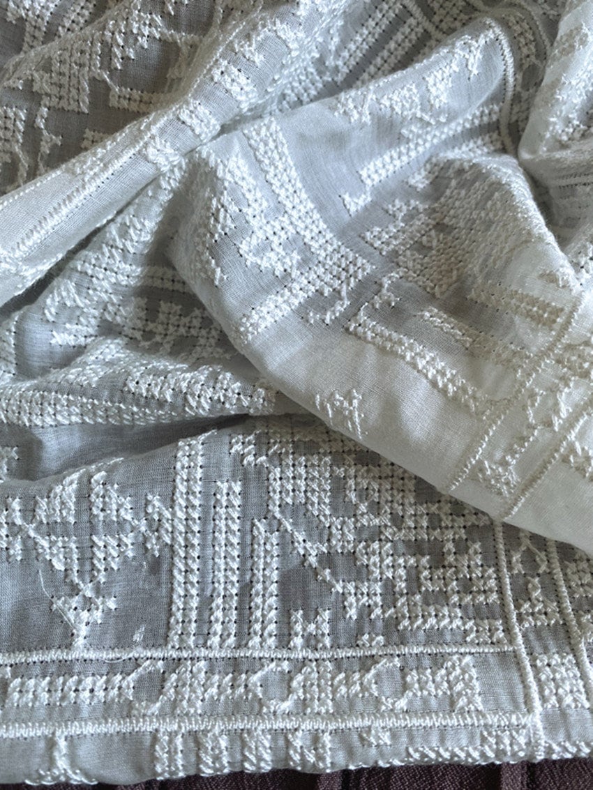 HEISHIZI - Vintage Cross-Stitched Embroidered Silk Cotton Fabric - 135cm wide by the Yard