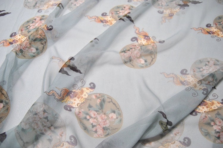 QUANSU - 2 colors 8 Momme Floral and Cloud Digital Print Silk Georgette Fabric 138cm by the yard