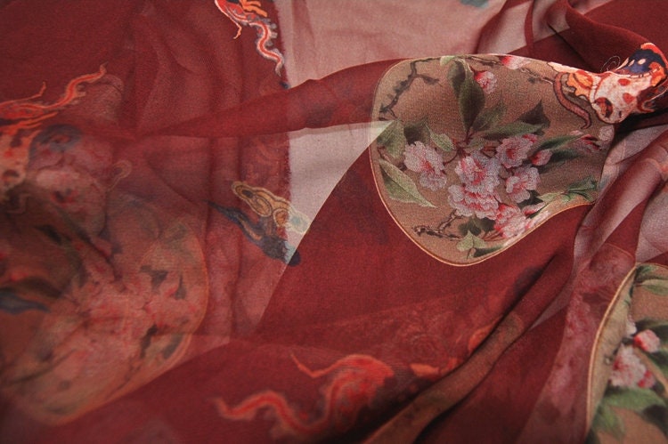 QUANSU - 2 colors 8 Momme Floral and Cloud Digital Print Silk Georgette Fabric 138cm by the yard