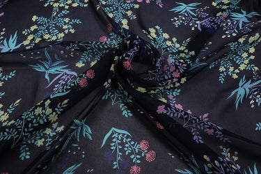 SGFDBHUA - 12 Momme Floral Print on Dark Blue Silk Georgette Fabric 138cm by the Yard