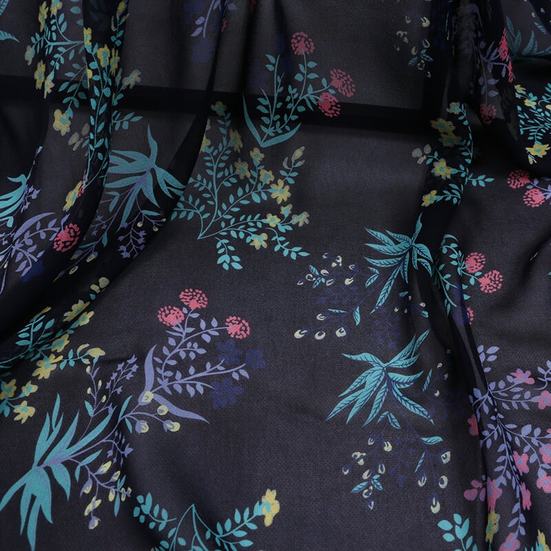 SGFDBHUA - 12 Momme Floral Print on Dark Blue Silk Georgette Fabric 138cm by the Yard