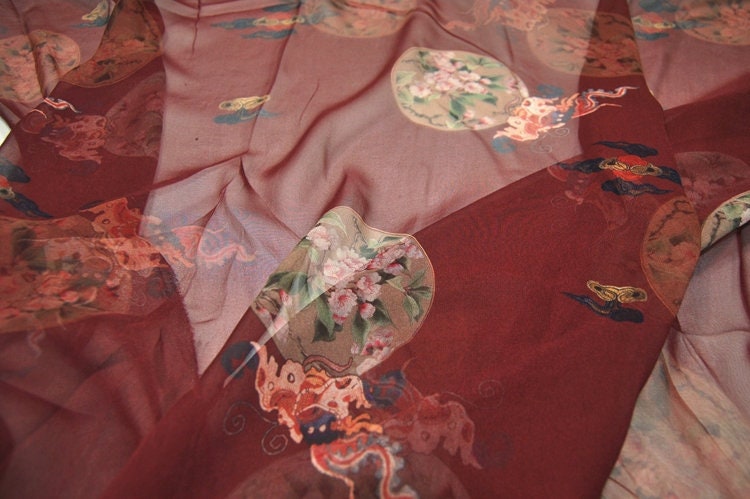 QUANSU - 2 colors 8 Momme Floral and Cloud Digital Print Silk Georgette Fabric 138cm by the yard