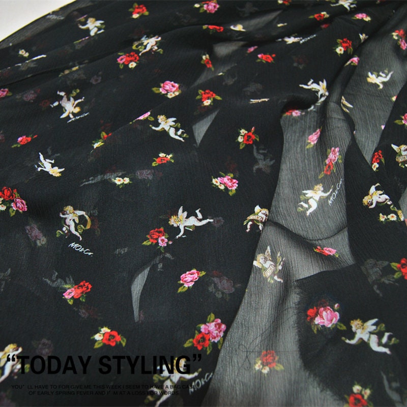 CUPID - 10 Momme digital floral print on black crinkled silk Georgette fabric 140cm by the Yard