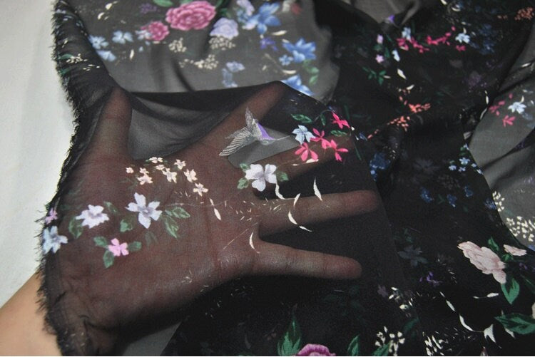 DOUKOU - 8 Momme Birds and Floral print Black Silk Georgette Fabric 140cm by the Yard