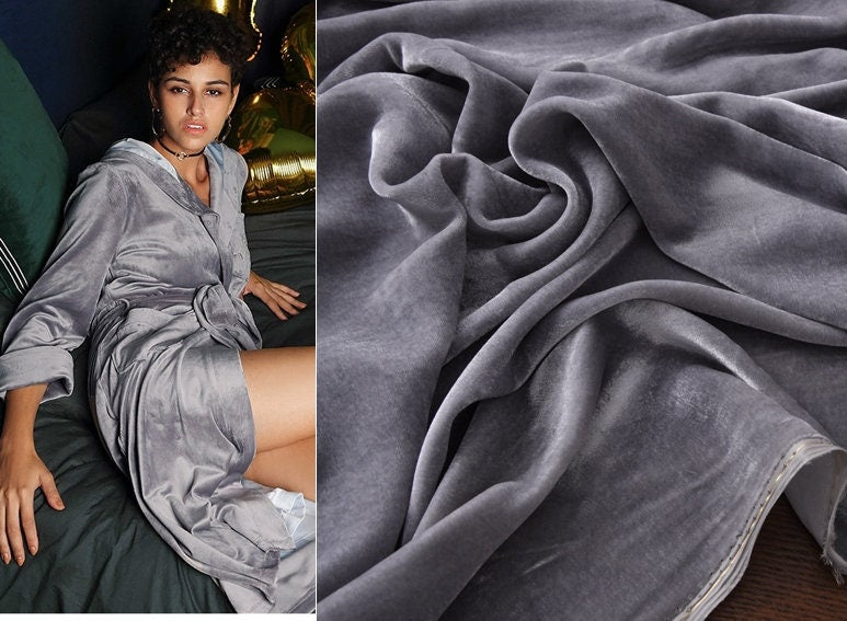 GREY - 40 Momme Solid Silk Velvet Fabric 114cm wide by the Yard