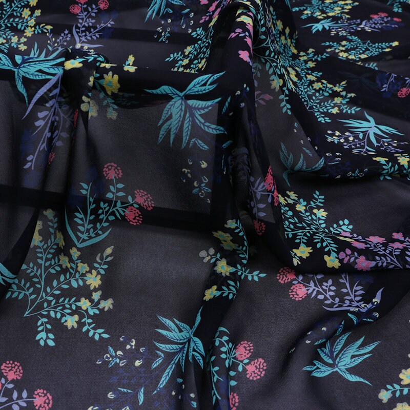 SGFDBHUA - 12 Momme Floral Print on Dark Blue Silk Georgette Fabric 138cm by the Yard
