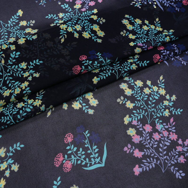 SGFDBHUA - 12 Momme Floral Print on Dark Blue Silk Georgette Fabric 138cm by the Yard