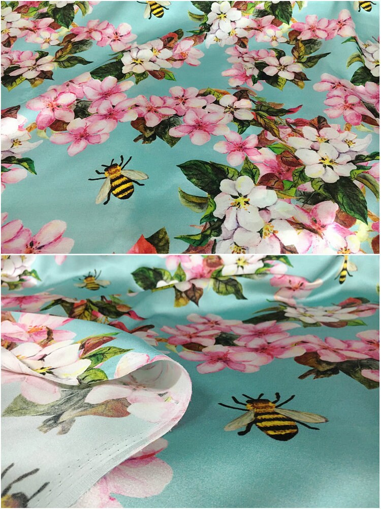 Pink Peach Flowers Printing Silk Stretch Satin Fabric, 42.5"/108cm 19mm, for Autumn dress/Evening Dresses/Skirt/Blouse/Cheongsam,by the yard