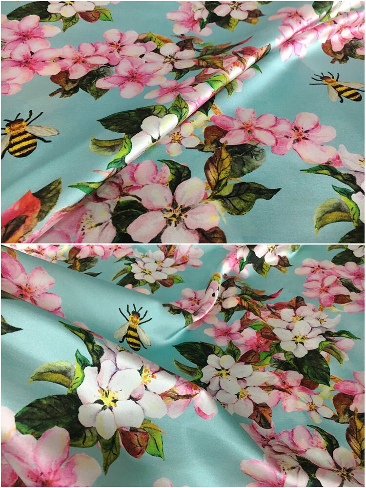 Pink Peach Flowers Printing Silk Stretch Satin Fabric, 42.5"/108cm 19mm, for Autumn dress/Evening Dresses/Skirt/Blouse/Cheongsam,by the yard