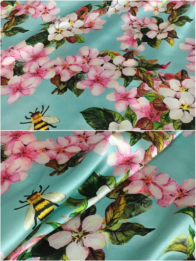 Pink Peach Flowers Printing Silk Stretch Satin Fabric, 42.5"/108cm 19mm, for Autumn dress/Evening Dresses/Skirt/Blouse/Cheongsam,by the yard