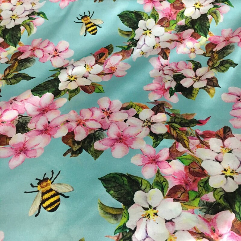 Pink Peach Flowers Printing Silk Stretch Satin Fabric, 42.5"/108cm 19mm, for Autumn dress/Evening Dresses/Skirt/Blouse/Cheongsam,by the yard