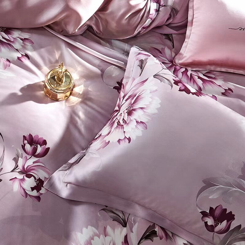 Pink Floral - 16 Momme 100% Silk Bedding 4pcs Suite