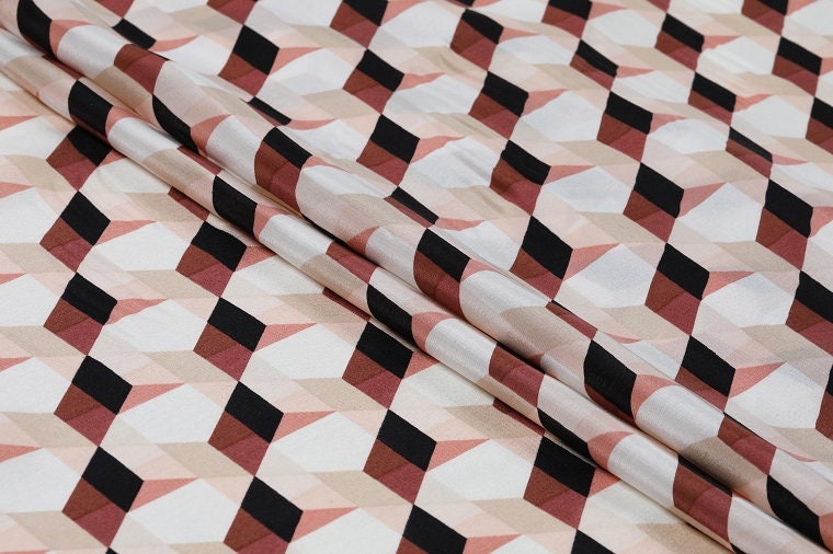 JIHEKUAI - 16 momme Geometric Graphic Print Silk Crepe de Chine Fabric - 140cm wide by the Yard