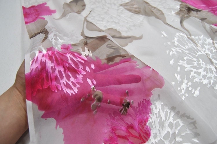 KANGXIN - Pink Flowers Print Sheer Burnout Silk Devore Satin Fabric - 114cm wide by the Yard