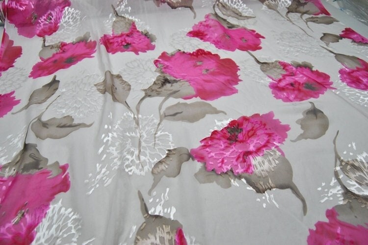 KANGXIN - Pink Flowers Print Sheer Burnout Silk Devore Satin Fabric - 114cm wide by the Yard