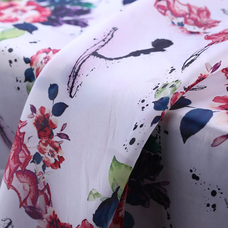 SHENXIA - 14 momme Floral Print Silk Organza Satin Fabric - 138cm wide by the Yard