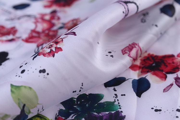 SHENXIA - 14 momme Floral Print Silk Organza Satin Fabric - 138cm wide by the Yard