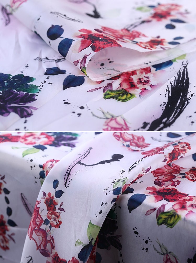 SHENXIA - 14 momme Floral Print Silk Organza Satin Fabric - 138cm wide by the Yard
