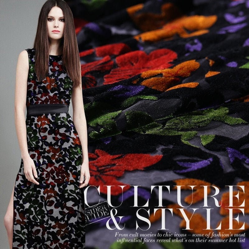 XUANME - Beautiful Floral Sheer Burnout Silk Velvet Fabric 114cm wide by the Yard