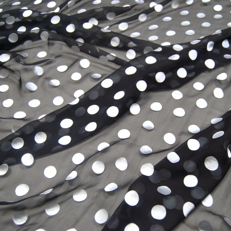 BAIHEIDI - White Polka Dots Black Sheer Burnout Silk Devore Satin Fabric - 138cm wide by the Yard