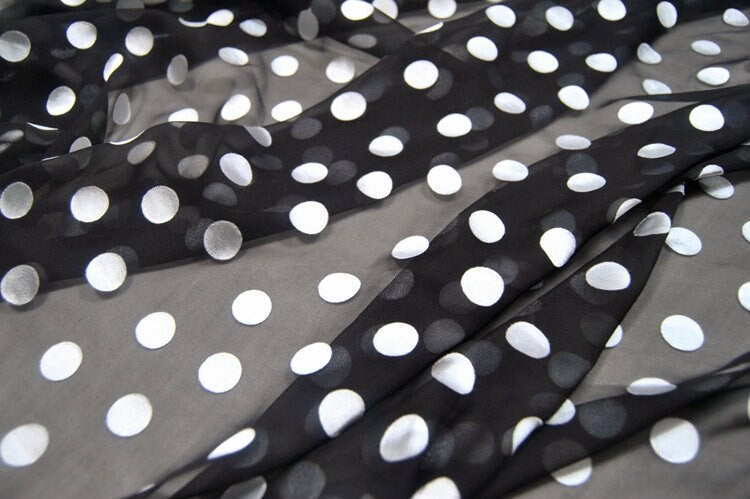 BAIHEIDI - White Polka Dots Black Sheer Burnout Silk Devore Satin Fabric - 138cm wide by the Yard