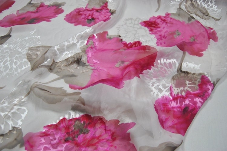 KANGXIN - Pink Flowers Print Sheer Burnout Silk Devore Satin Fabric - 114cm wide by the Yard